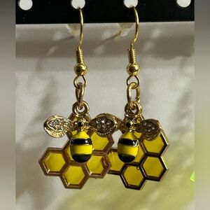 Handmade Gold and Yellow Rhinestone Bee & Honeycomb Earrings Brand New